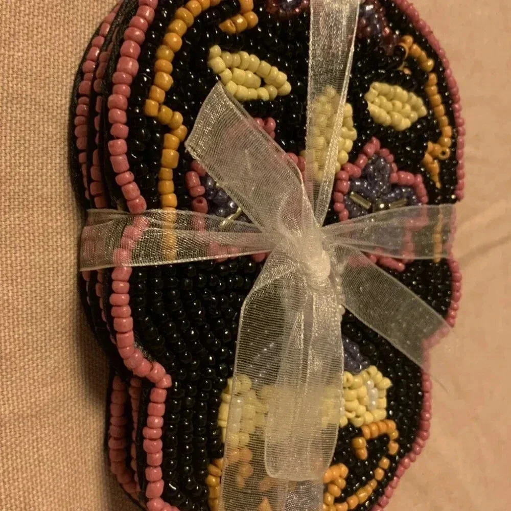 NEW Day of the Dead Halloween Skull Beaded 4pc Coaster Set - Black